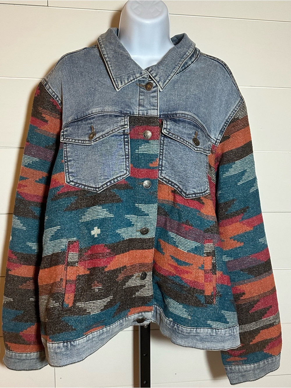 Denim-Trim Aztec Pattern Jacket - Teal & Rust